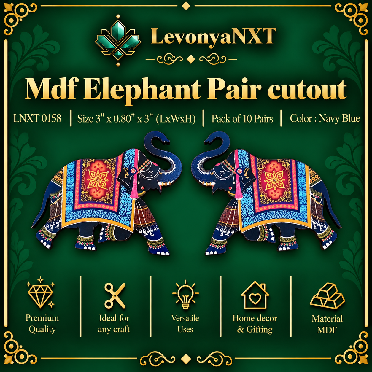LNXT 0158 MDF Elephant Cutout Pair | Pack of 10 Pairs | Exquisite 1 LevonyaNXT LNXT 0158 MDF Elephant Cutout Pair laser cut wooden royal navy blue elephant plaques pack of 10 pairs