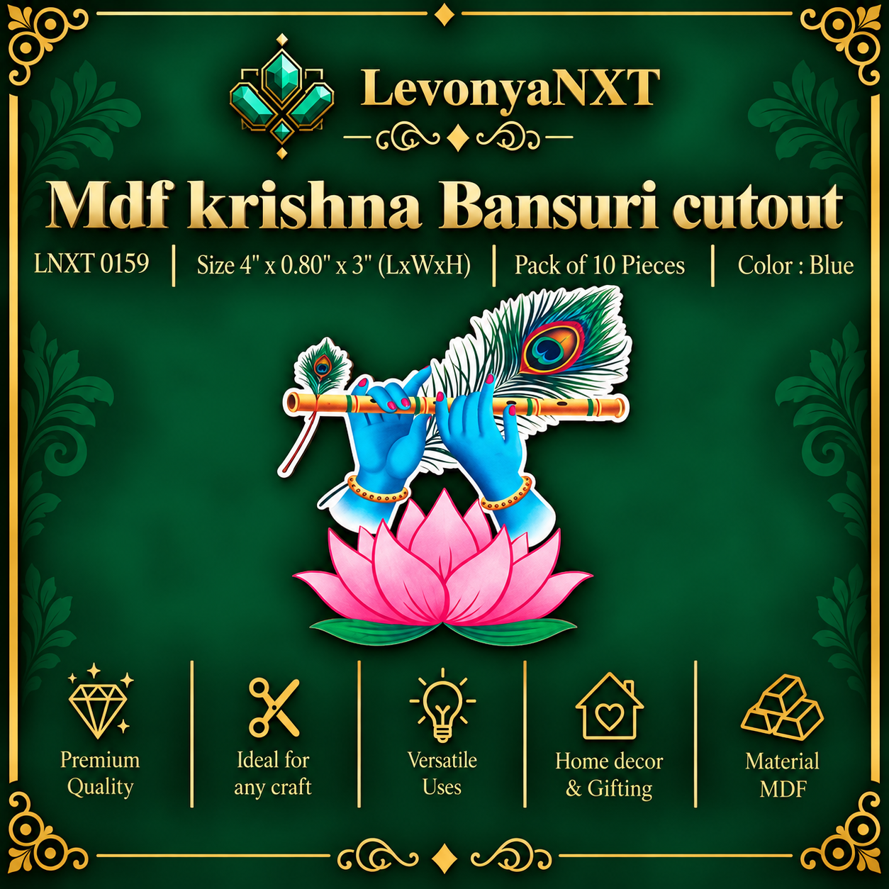 LNXT 0159 MDF Krishna Bansuri Cutout | Pack of 10 Pieces | Sacred Divine 1 LevonyaNXT LNXT 0159 MDF Krishna Bansuri Cutout laser cut wooden divine flute hands lotus plaques pack of 10 pieces
