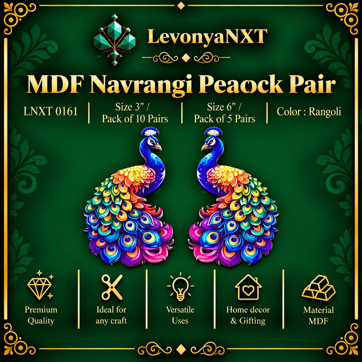 LNXT 0161 MDF Rangoli Peacock Pair Cutouts | Size 3" & 6" | Glorious 1 LevonyaNXT LNXT 0161 MDF Rangoli Peacock Pair Cutouts laser cut wooden multi color peacock plaques available in 3 inch and 6 inch sizes