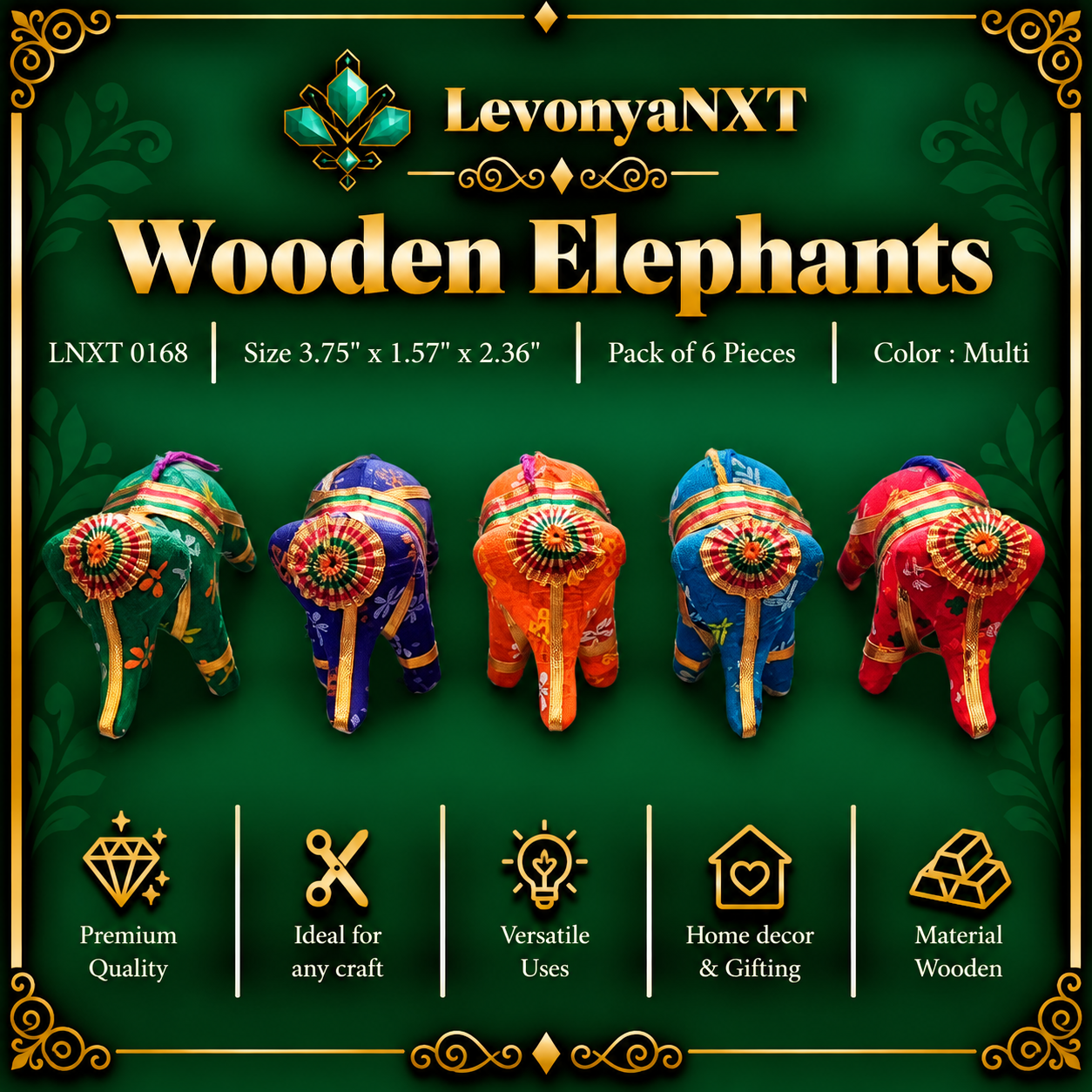 LNXT 0168 Wooden Elephant Figurines | Pack of 6 Pieces | Vibrant 1 LevonyaNXT Main Product Image: LNXT 0168 Wooden Elephant figurines handcrafted fabric-wrapped elephant craft accents pack of 6 pieces in multi colors