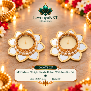 YS 027 MDF Mirror Tlight candle holder with wax handcrafted lotus mirror inlay and pearl border diya stand pack of one pair