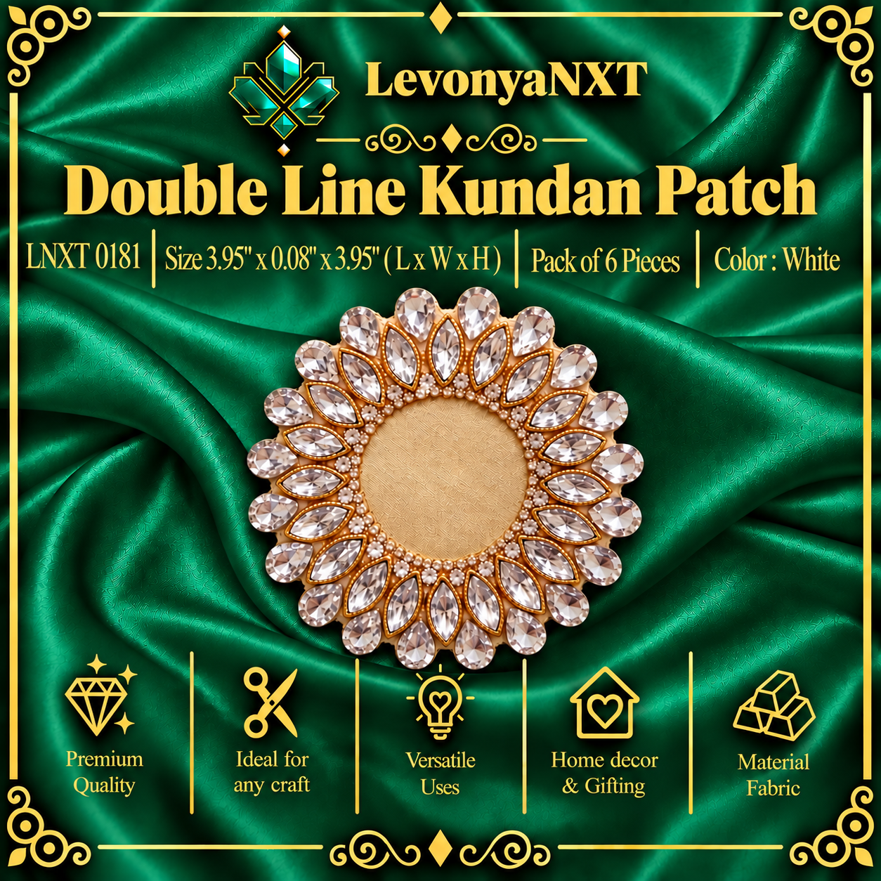 LNXT 0181 Double Line Kundan Patch | Pack of 6 Pieces | Sparkling 1 LevonyaNXT Main Product Image: LNXT 0181 Double Line Kundan Patch handcrafted white gemstone circular floral motif pack of 6 pieces for tailoring and hampers