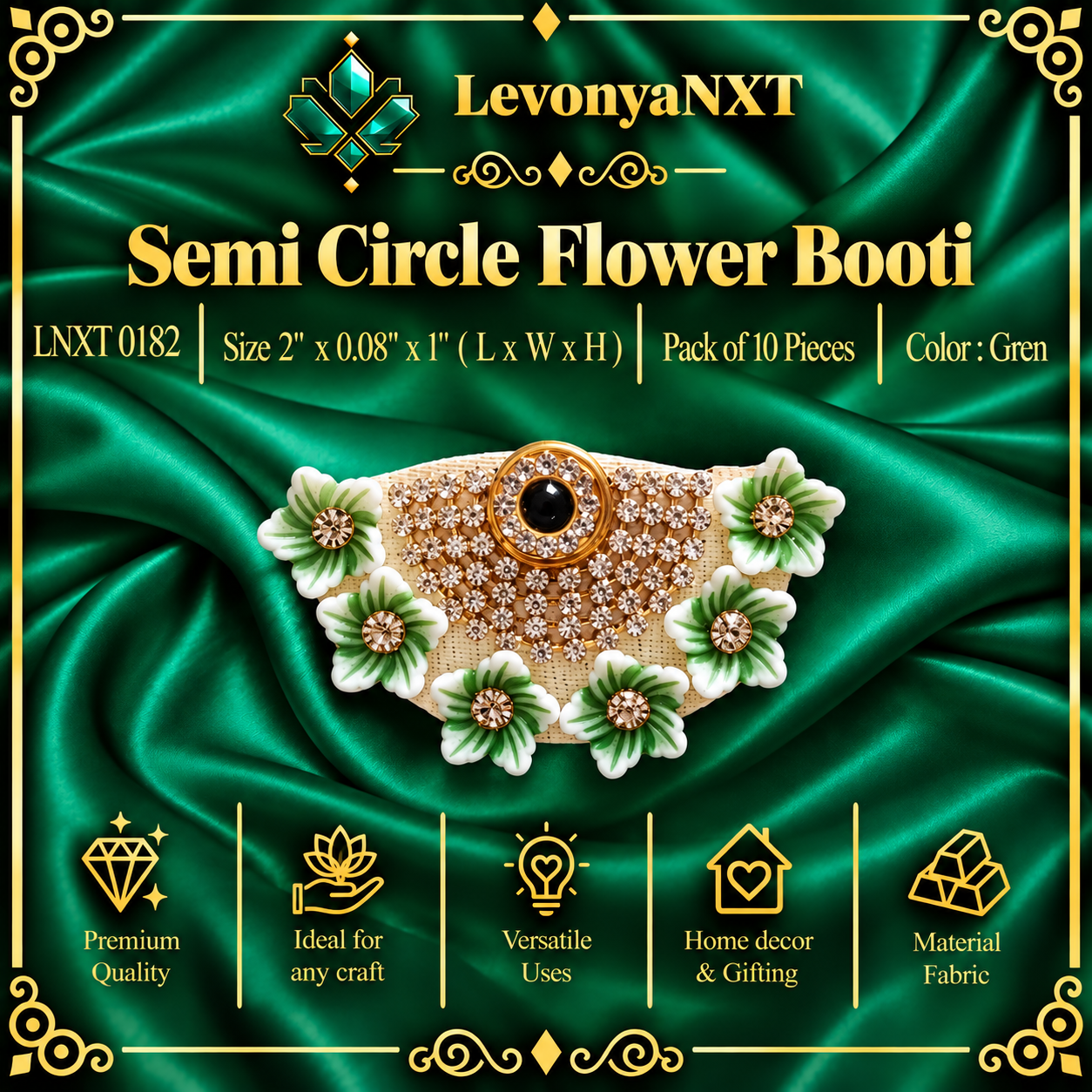 LNXT 0182 Semi Circle Booti Flower Patch | Pack of 10 Pieces | Festive 1 LevonyaNXT Main Product Image: LNXT 0182 Semi Circle Booti handcrafted green floral and rhinestone crescent applique pack of 10 pieces for tailoring and hampers