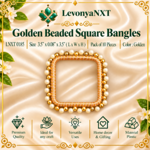LNXT 0185 Golden Square Beaded Bangles handcrafted zari thread and alternating pearl gold bead border frames pack of 10 pieces