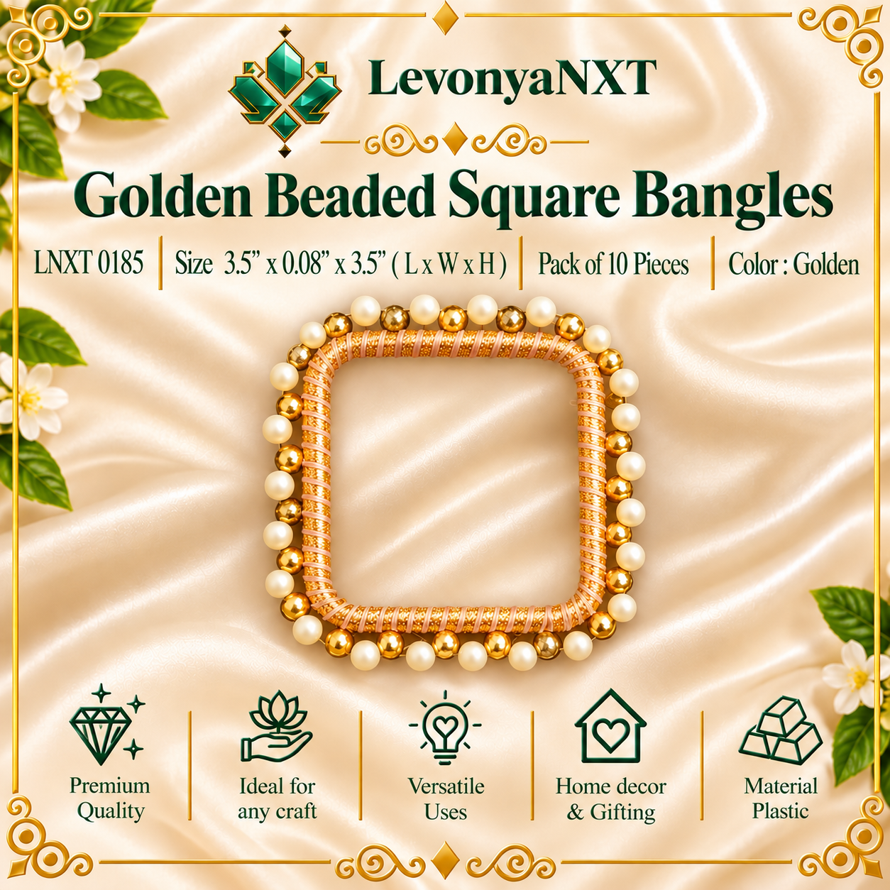 LNXT 0185 Golden Square Beaded Bangles | Pack of 10 Pieces | Stunning 1 LevonyaNXT LNXT 0185 Golden Square Beaded Bangles handcrafted zari thread and alternating pearl gold bead border frames pack of 10 pieces