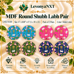 LNXT 0189 MDF Shubh Labh Pair circular laser-cut wooden Pichwai art plaques pack of 2 pairs for entrance doors and mandir decor