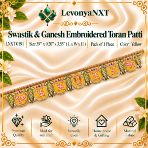 LNXT 0191 Swastik Ganesh Toran Patti handcrafted yellow embroidered beadwork valance band 39 inches long with Ganesha and Swastik symbols