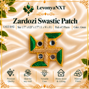 LNXT 0192 Zardozi Swastik Patch handcrafted green silk thread and bullion wire mirror applique pack of 5 pieces