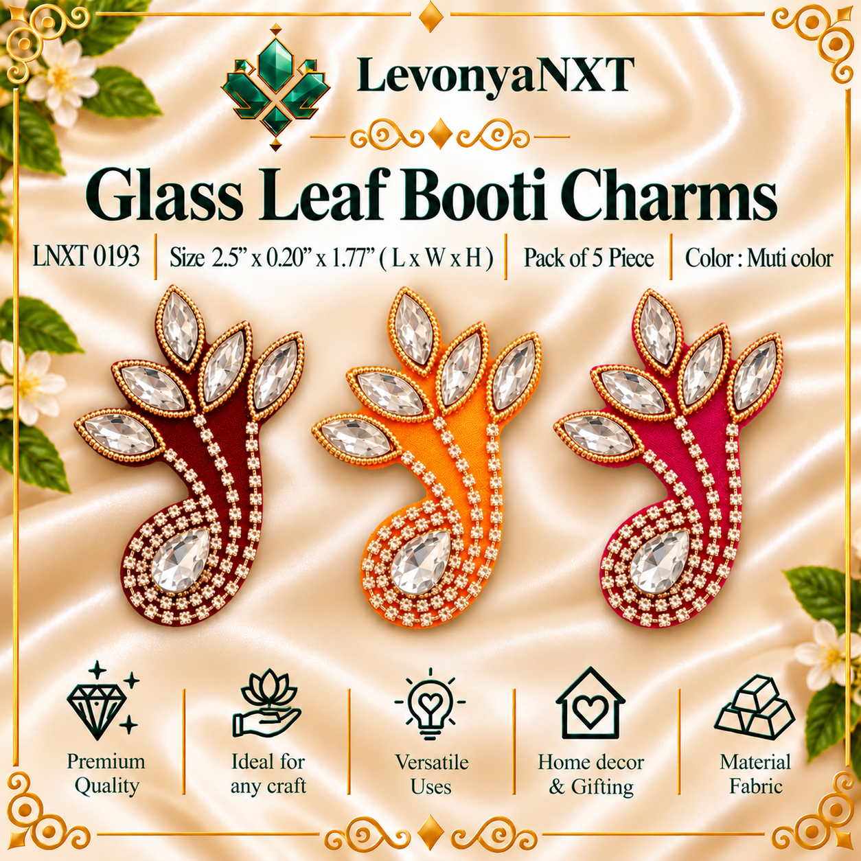 LNXT 0193 Glass Leaf Booti Charms | Pack of 5 Pieces | Breathtaking 1 LevonyaNXT LNXT 0193 Glass Leaf Booti Charms handcrafted multi-color crystal paisley and leaf appliques pack of 5 pieces