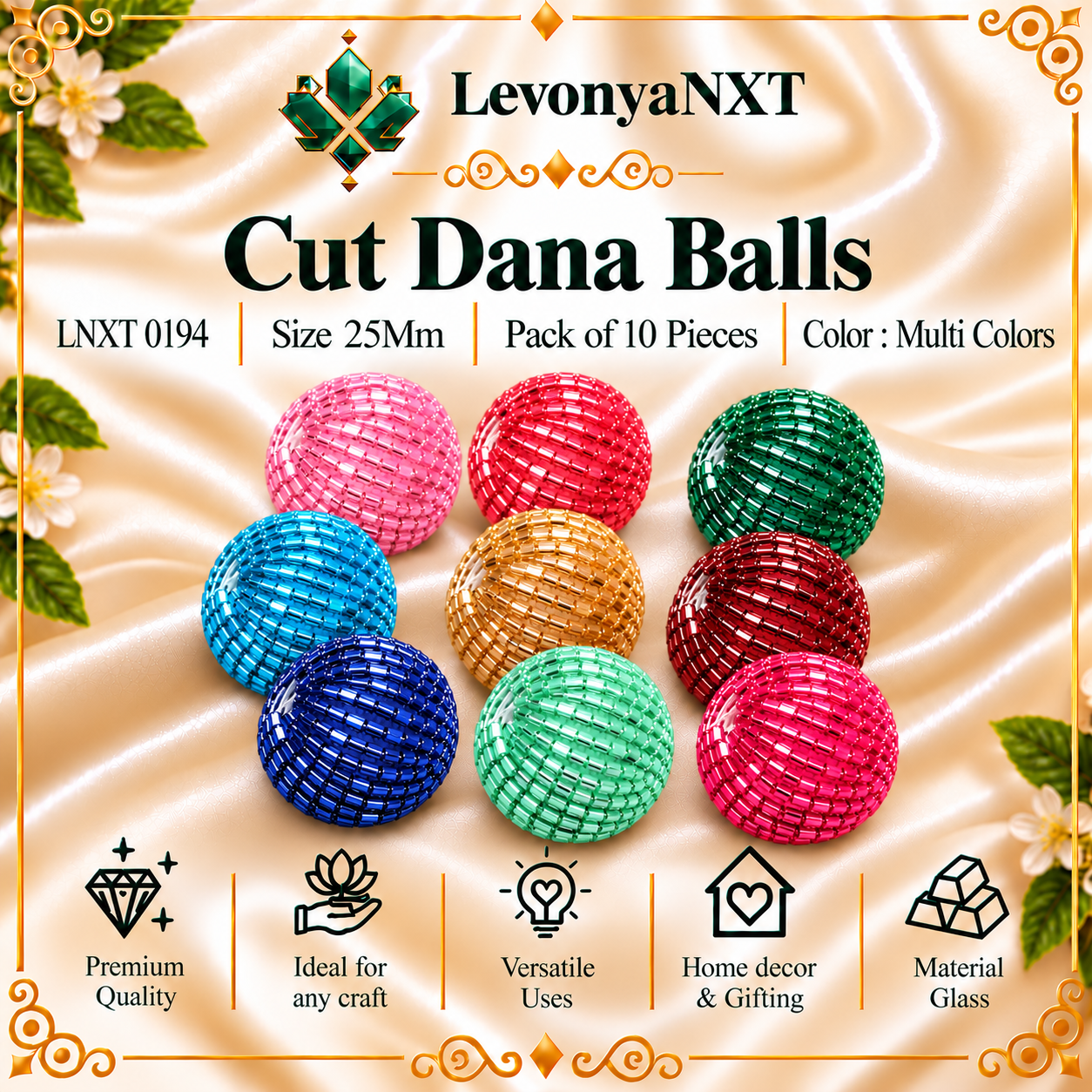 LNXT 0194 Cut Dana Balls | Pack of 10 Pieces | Brilliant 1 LevonyaNXT LNXT 0194 Cut Dana Balls handcrafted 25mm multi-color glass bugle bead spherical balls pack of 10 pieces for latkans and torans