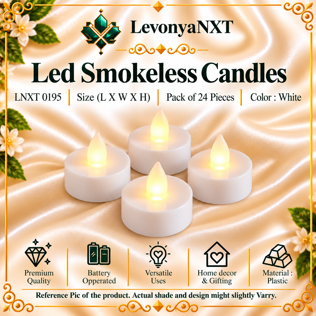 LNXT 0195 Led Smokeless Candles | Pack of 24 Pieces | Brilliant 1 LevonyaNXT LNXT 0195 Led Smokeless Candles white battery-operated flickering amber tealight lights pack of 24 pieces for Diwali and mandir decor