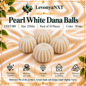 LNXT 089 Pearl White Dana Balls handcrafted 25mm white faux pearl and golden bead spherical balls pack of 10 pieces for latkans and torans