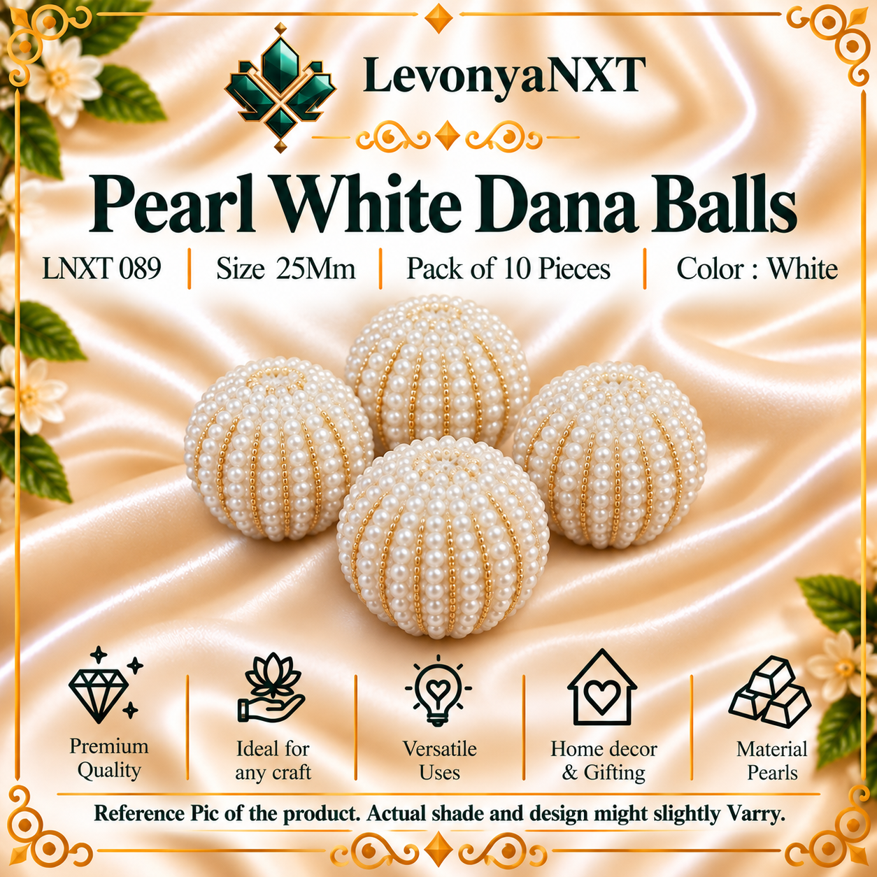 LNXT 089 Pearl White Dana Balls | Pack of 10 Pieces | Magnificent 1 LevonyaNXT LNXT 089 Pearl White Dana Balls handcrafted 25mm white faux pearl and golden bead spherical balls pack of 10 pieces for latkans and torans