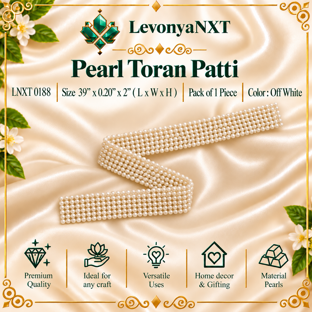 LNXT 0188 Pearl Toran Patti | Pack of 1 Piece | Breathtaking 1 LevonyaNXT LNXT 0188 Pearl Toran Patti handcrafted 9-row off-white faux pearl woven mesh valance band 39 inches long for entrance doors